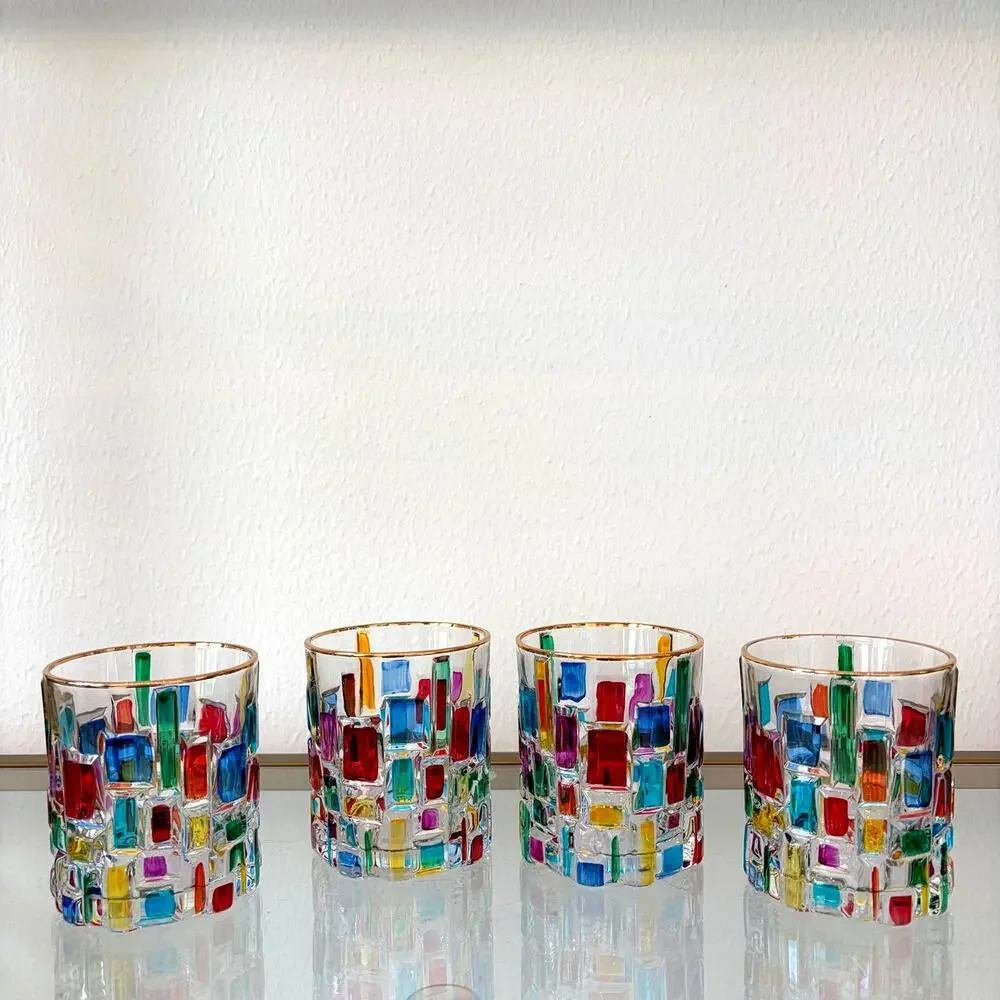 Hand Painted Italian Murano Crystal Whiskey Glasses 2pc 10oz Colorful Mosaic
